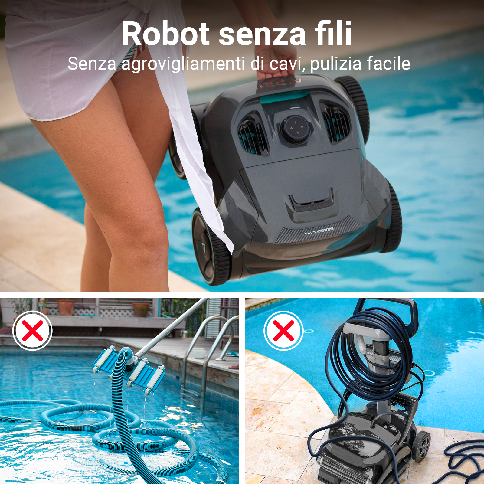 robot piscina seagull pro senza fili e senza agrovigliamenti di cavi - pulizia facile